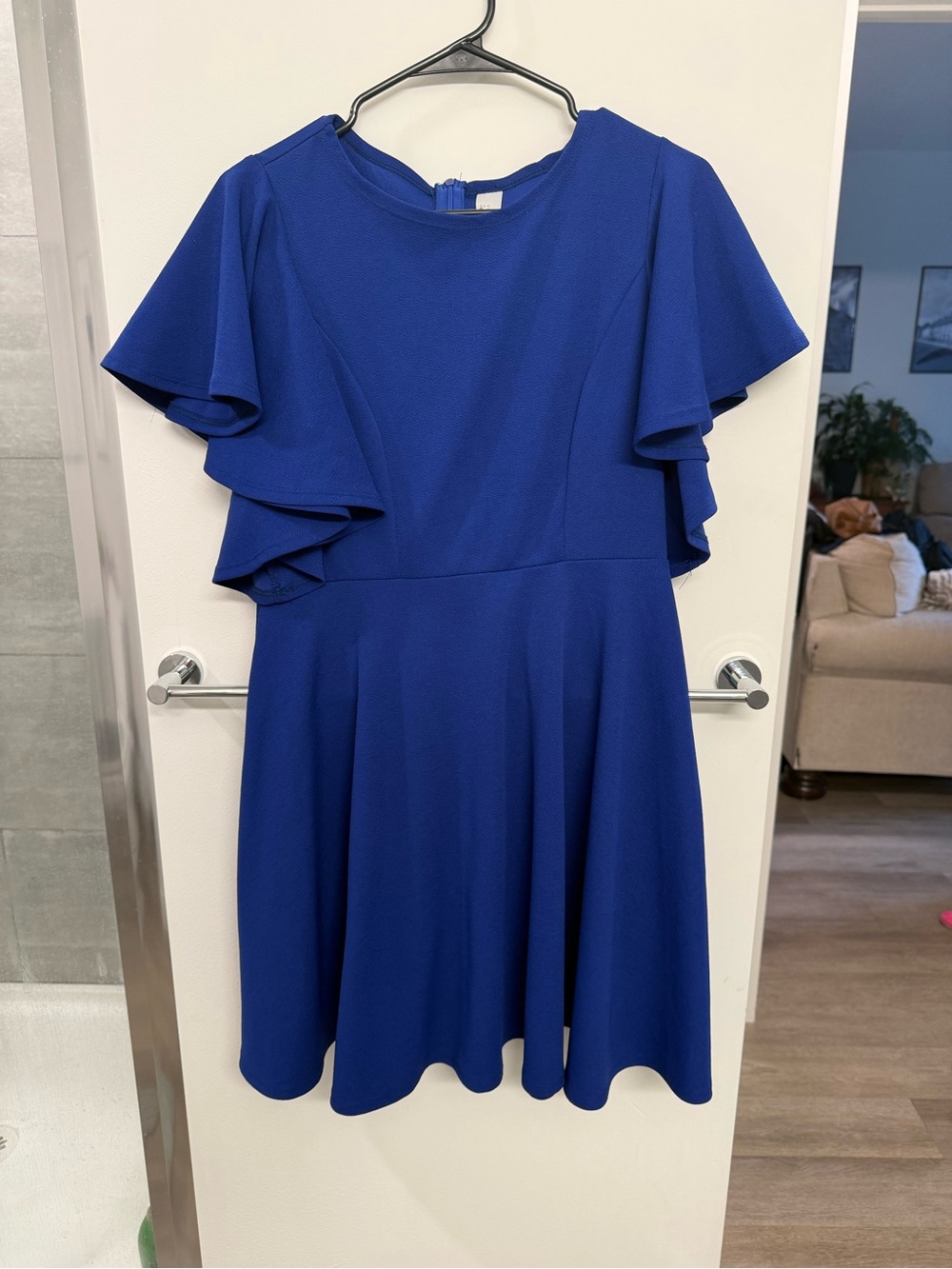 Blue Flutter-Sleeve A-Line Dress